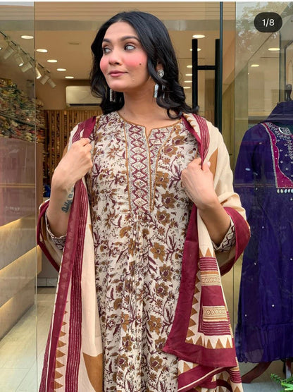 Cream Magic Cotton Anarkali Suit Set