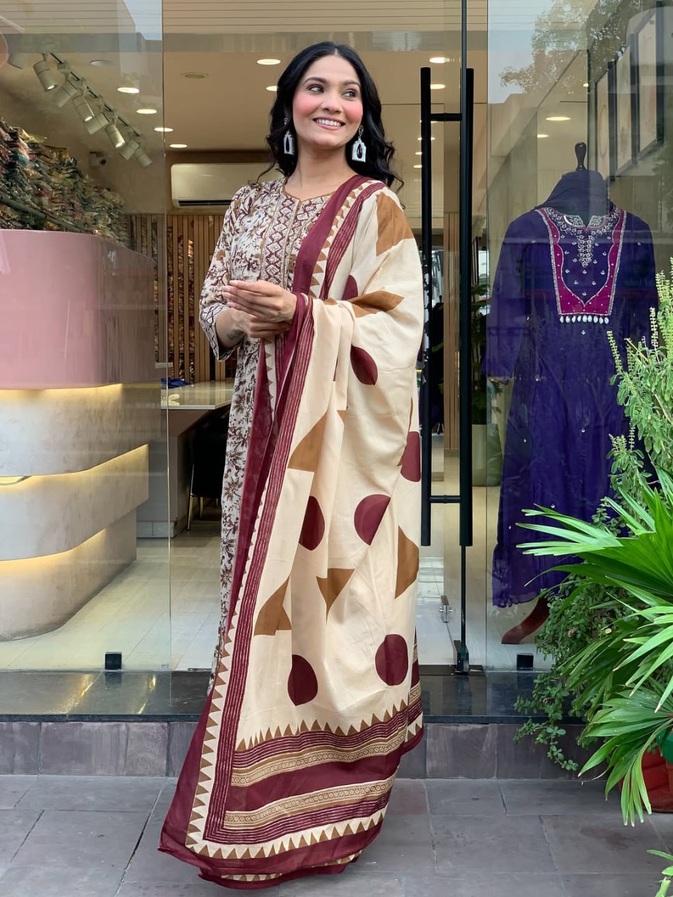 Cream Magic Cotton Anarkali Suit Set