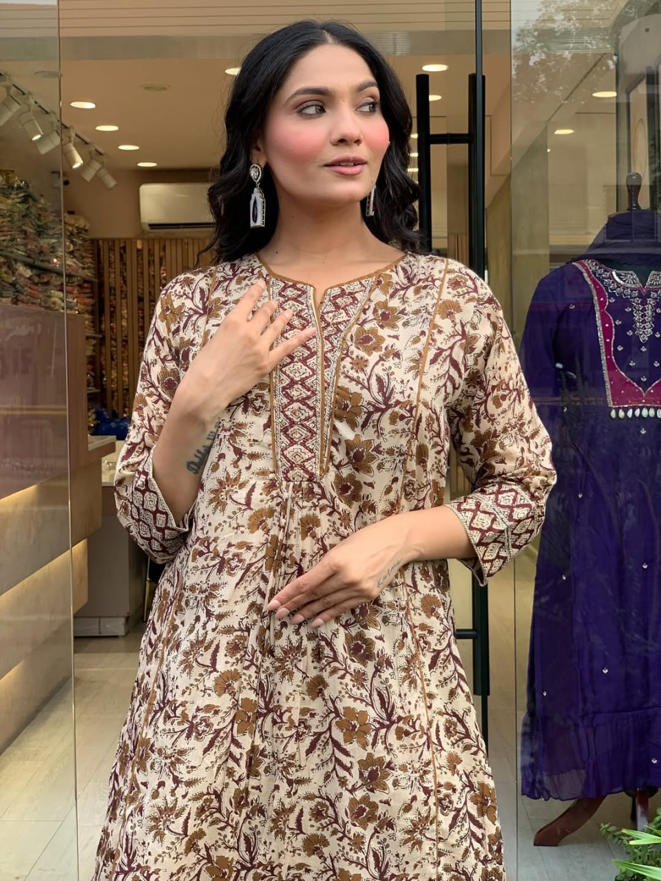 Cream Magic Cotton Anarkali Suit Set