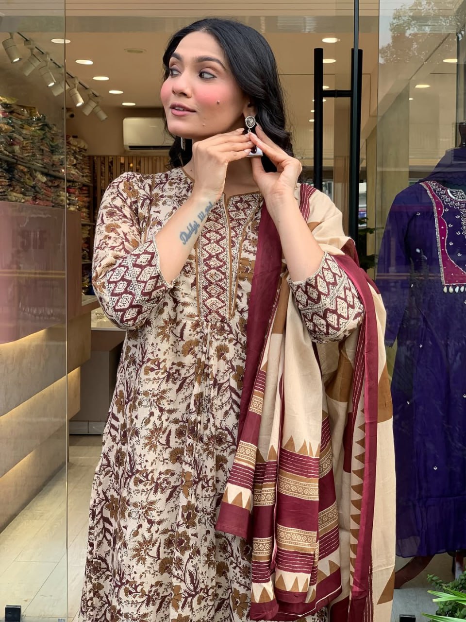 Cream Magic Cotton Anarkali Suit Set