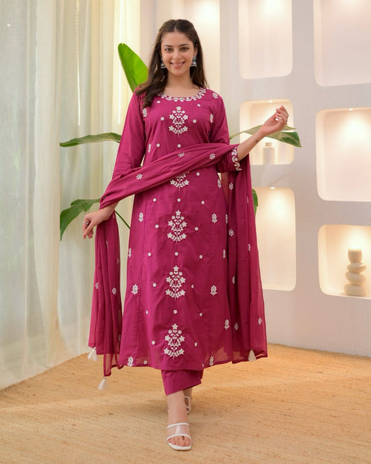 Premium Rayon Slub Embroidered Suit Set