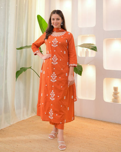 Orange Premium Rayon Slub Embroidered Suit Set