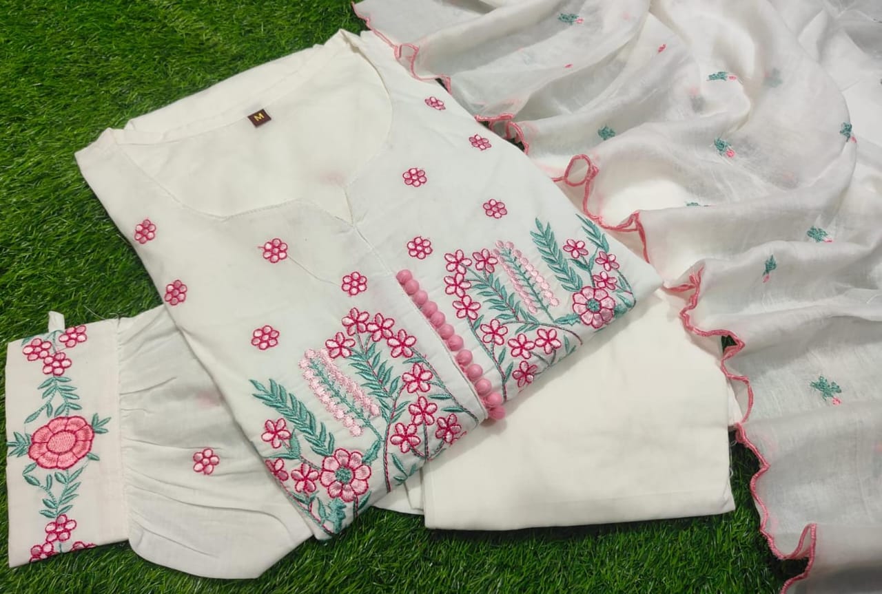 Beautiful Cotton Kurti Pant Dupatta Set