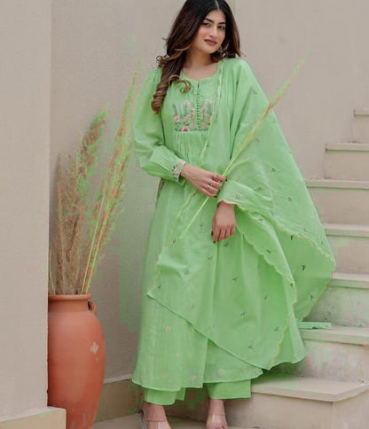 Beautiful Cotton Kurti Pant Dupatta Set