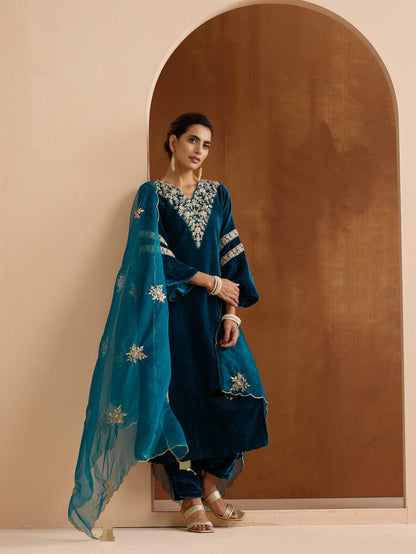 Teal Velvet Embroidered Straight Kurta Set with Straight Bottom & Scalloped Dupatta