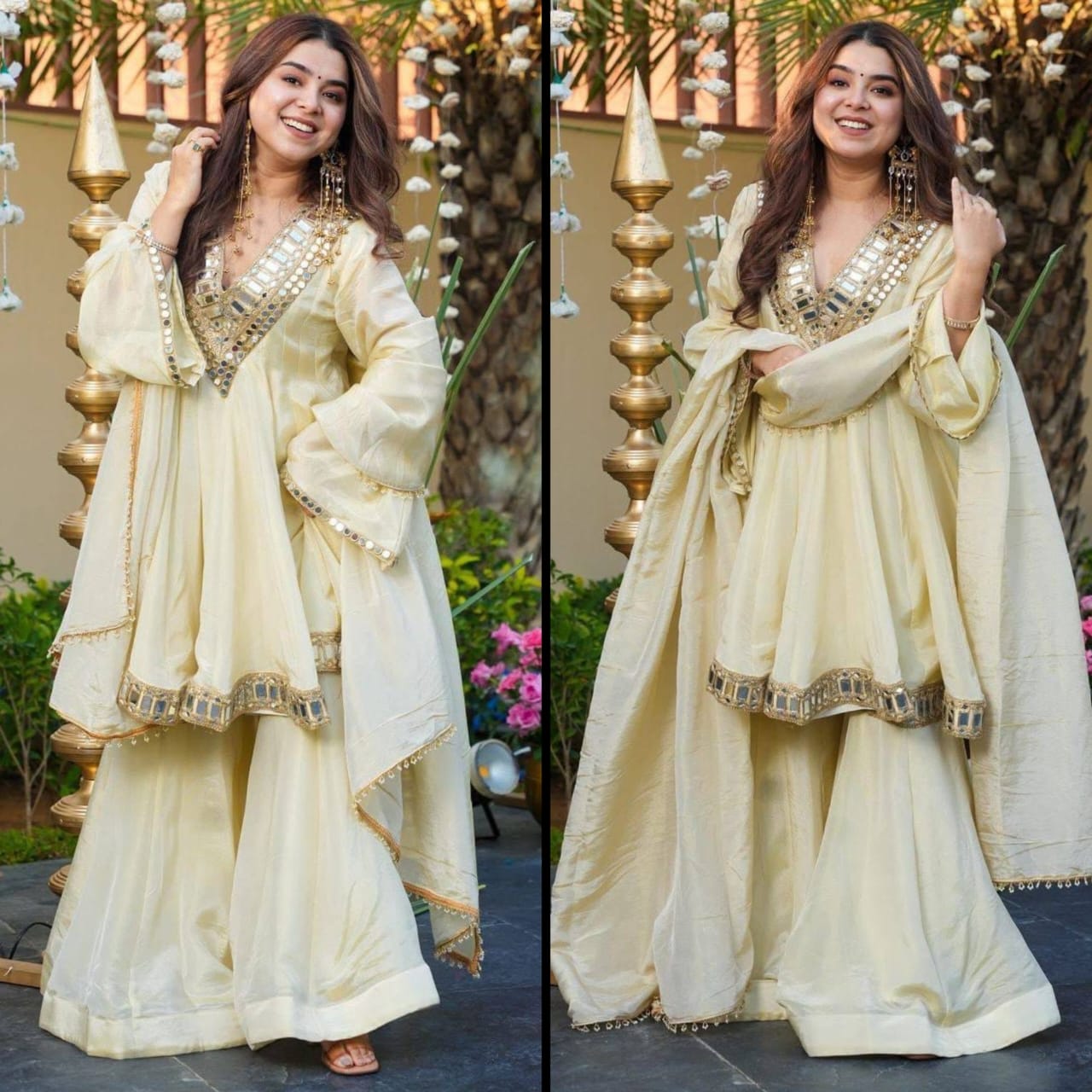 Designer Blooming Silk Kurti Sharara Set with Real Mirror Embroidery & Lace Dupatta