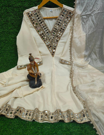 Designer Blooming Silk Kurti Sharara Set with Real Mirror Embroidery & Lace Dupatta