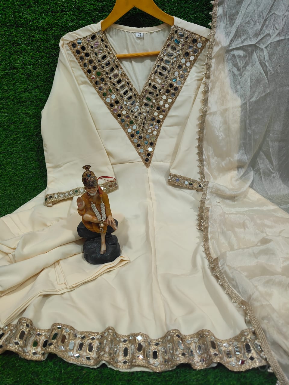 Designer Blooming Silk Kurti Sharara Set with Real Mirror Embroidery & Lace Dupatta