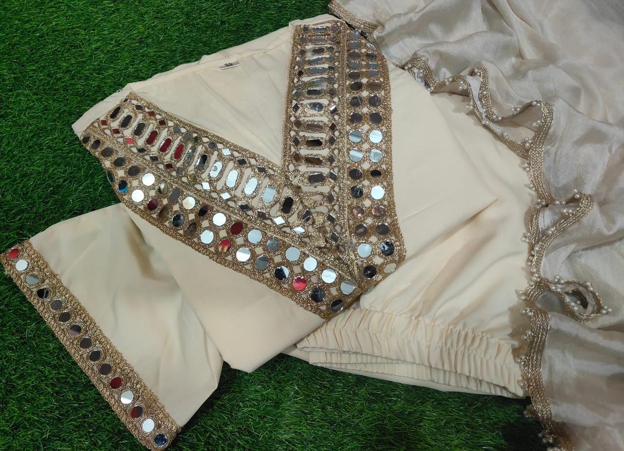 Designer Blooming Silk Kurti Sharara Set with Real Mirror Embroidery & Lace Dupatta