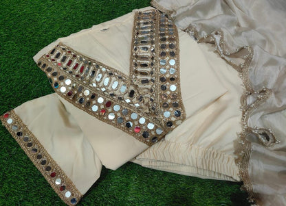 Designer Blooming Silk Kurti Sharara Set with Real Mirror Embroidery & Lace Dupatta