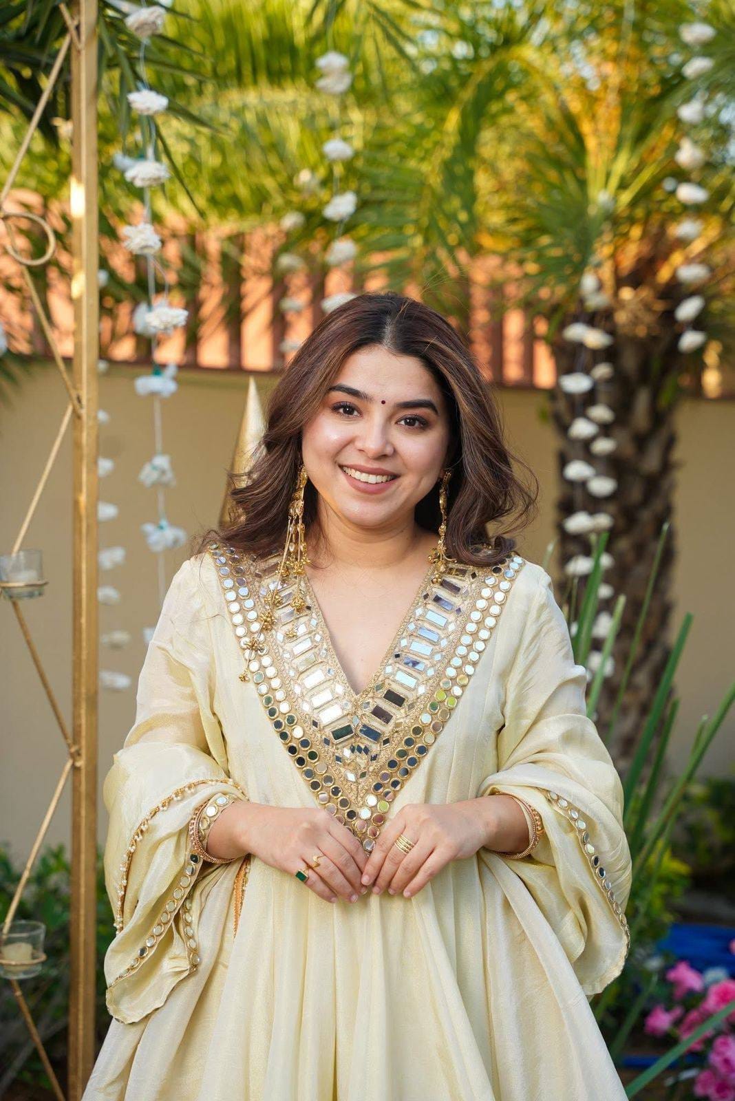 Designer Blooming Silk Kurti Sharara Set with Real Mirror Embroidery & Lace Dupatta