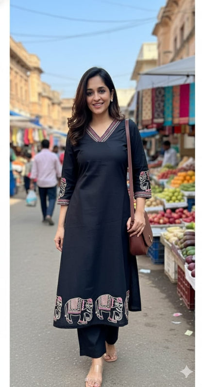 Black Cotton Embroidered Kurta Suit with Animal Print