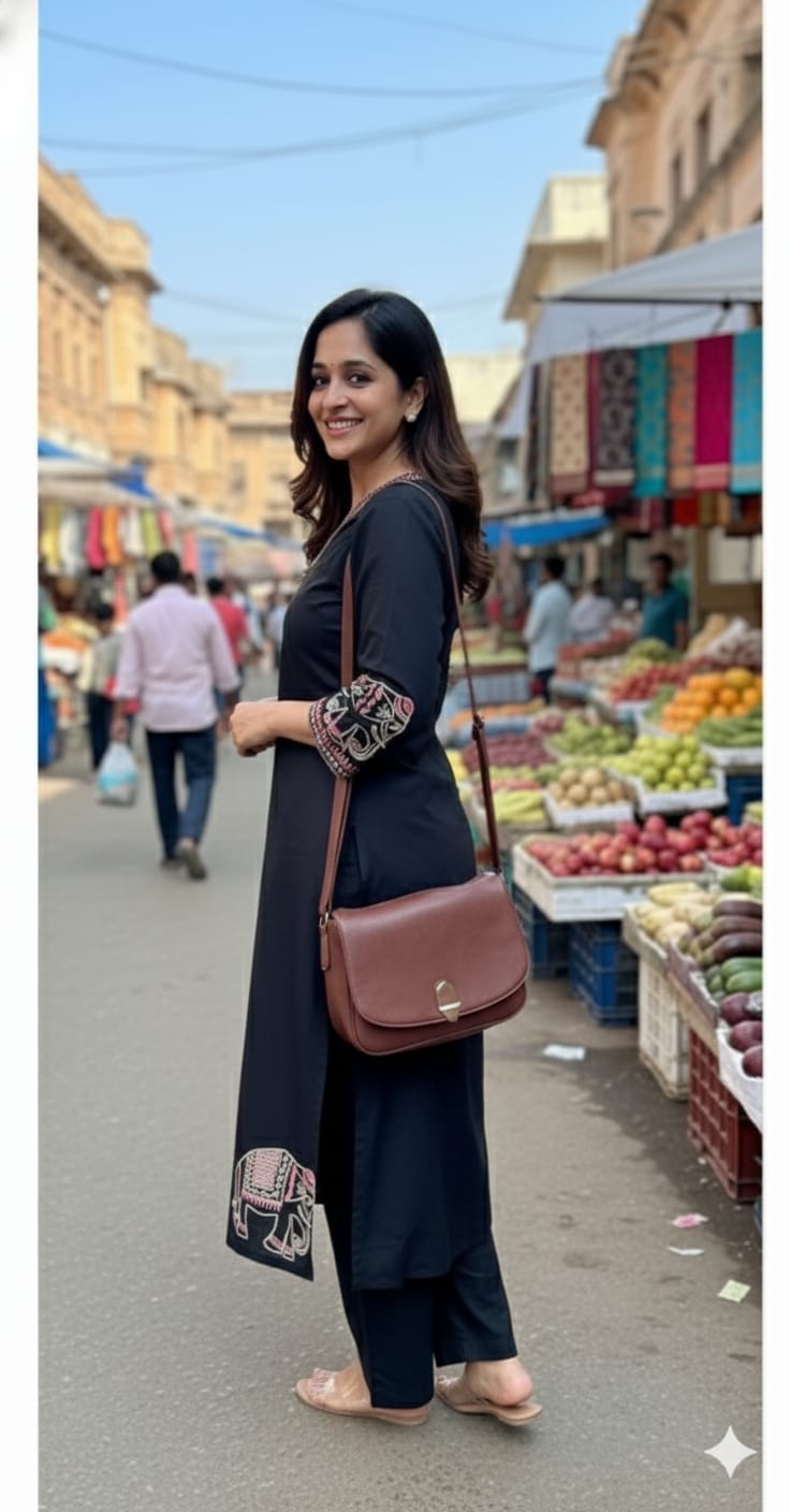 Black Cotton Embroidered Kurta Suit with Animal Print