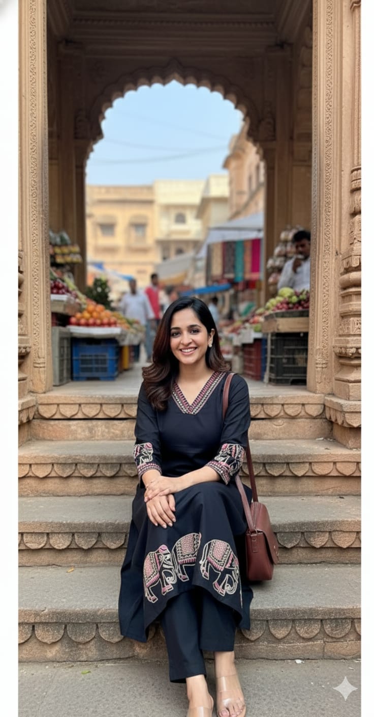 Black Cotton Embroidered Kurta Suit with Animal Print