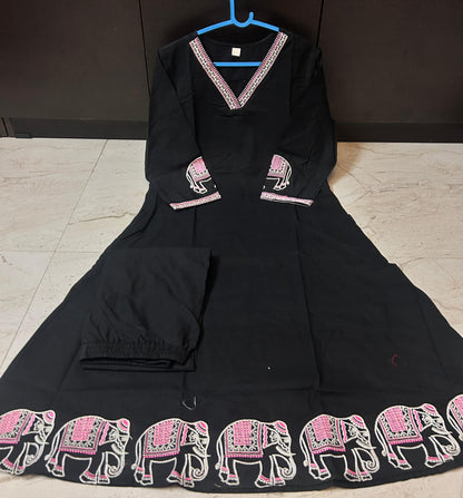 Black Cotton Embroidered Kurta Suit with Animal Print