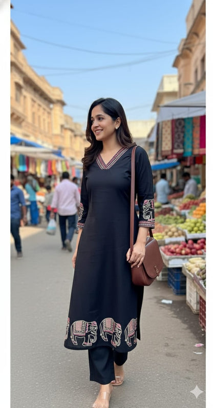 Black Cotton Embroidered Kurta Suit with Animal Print