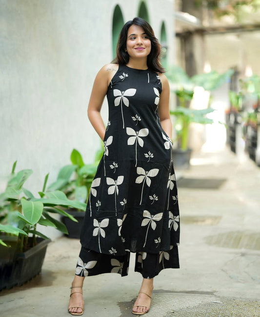 Black Halter Neck Printed Cotton Kurta with Palazzo Set