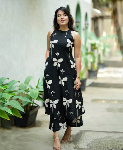 Halter Neck Printed Cotton Kurta with Palazzo Set