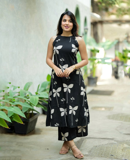 Halter Neck Printed Cotton Kurta with Palazzo Set