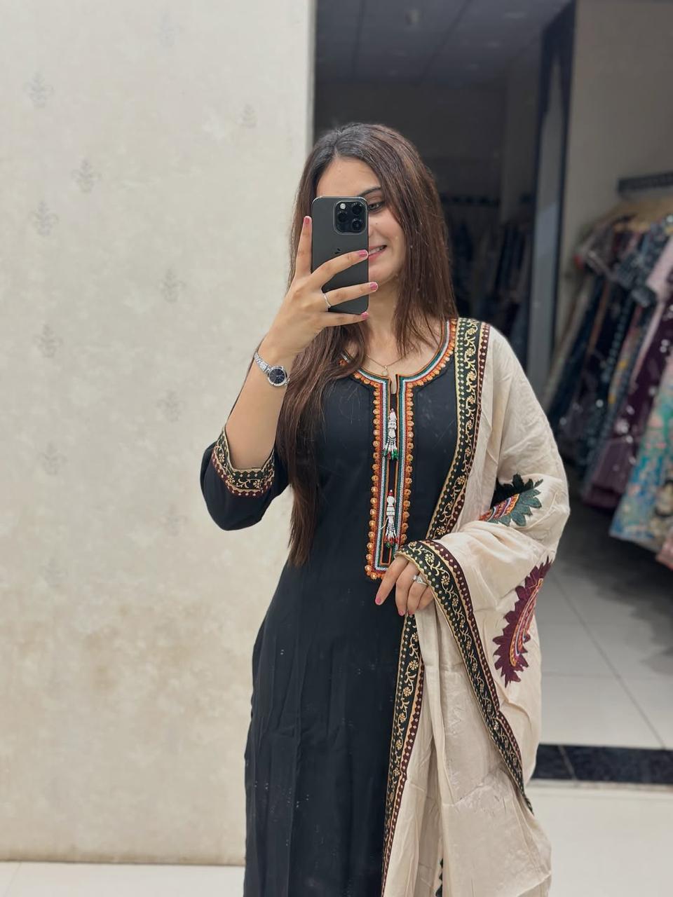 Heavy Cotton Embroidered Kurti Pant Set with Matching Dupatta