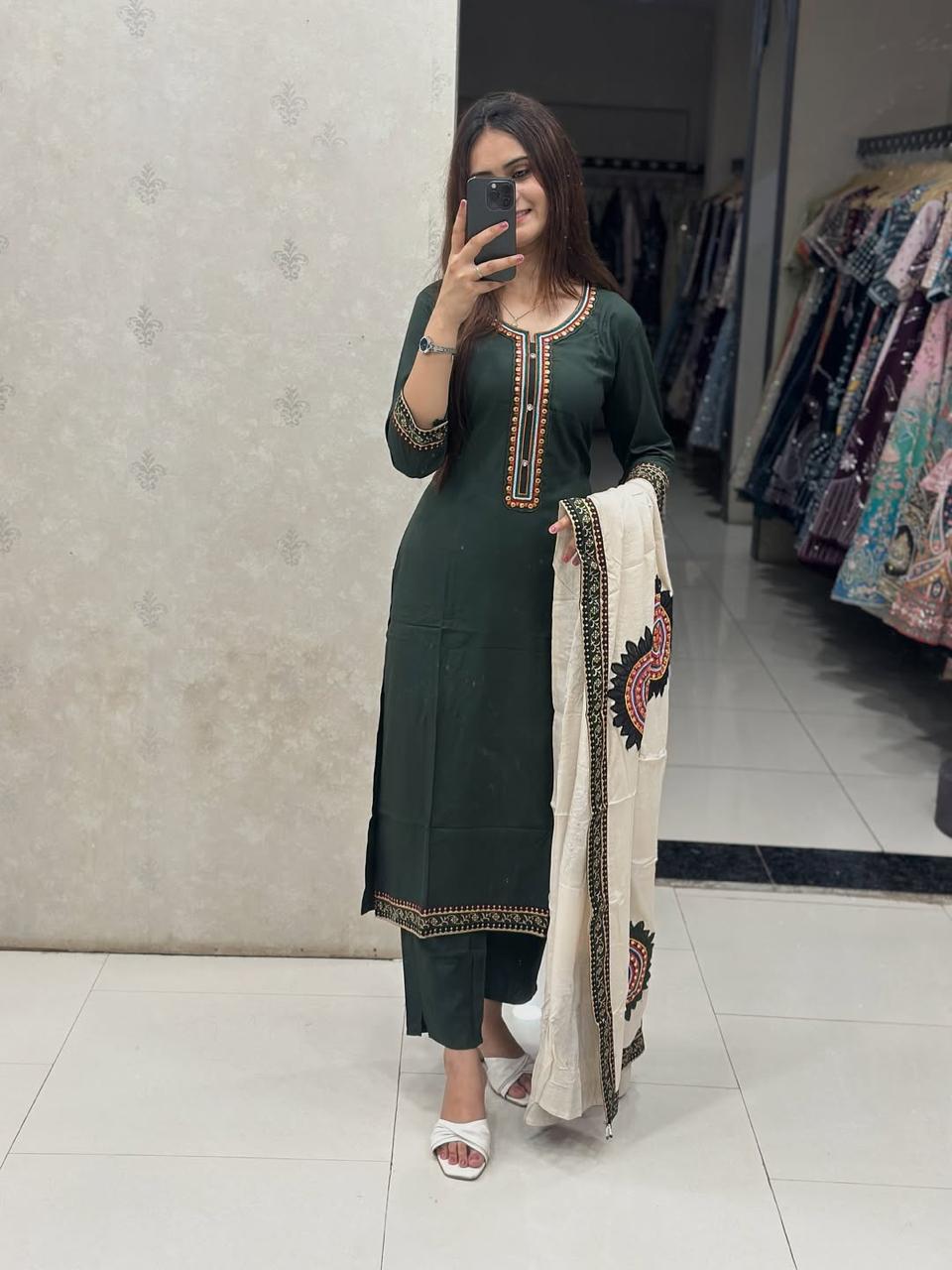 Heavy Cotton Embroidered Kurti Pant Set with Matching Dupatta