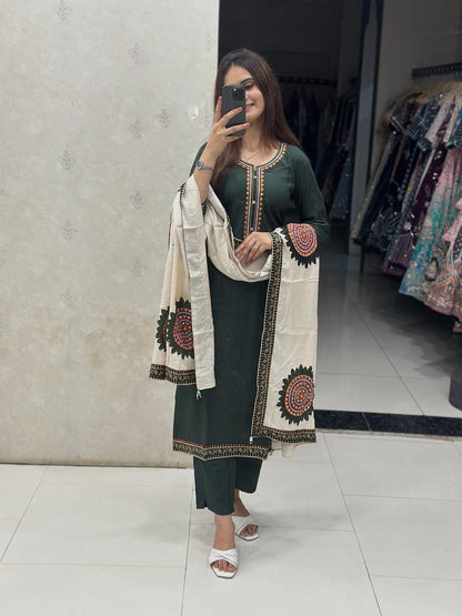 Heavy Cotton Embroidered Kurti Pant Set with Matching Dupatta