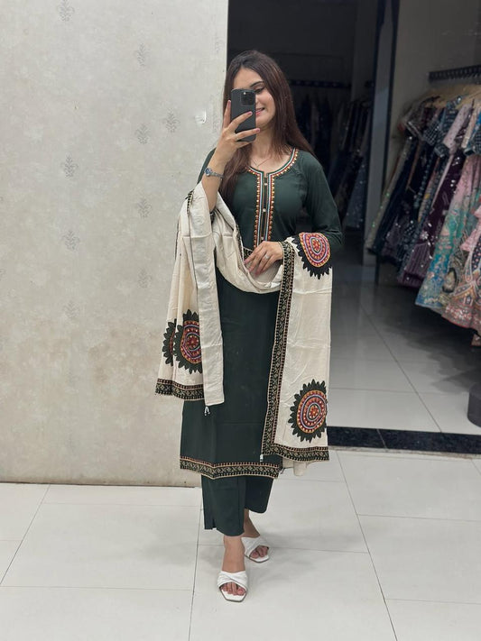Heavy Cotton Embroidered Kurti Pant Set with Matching Dupatta