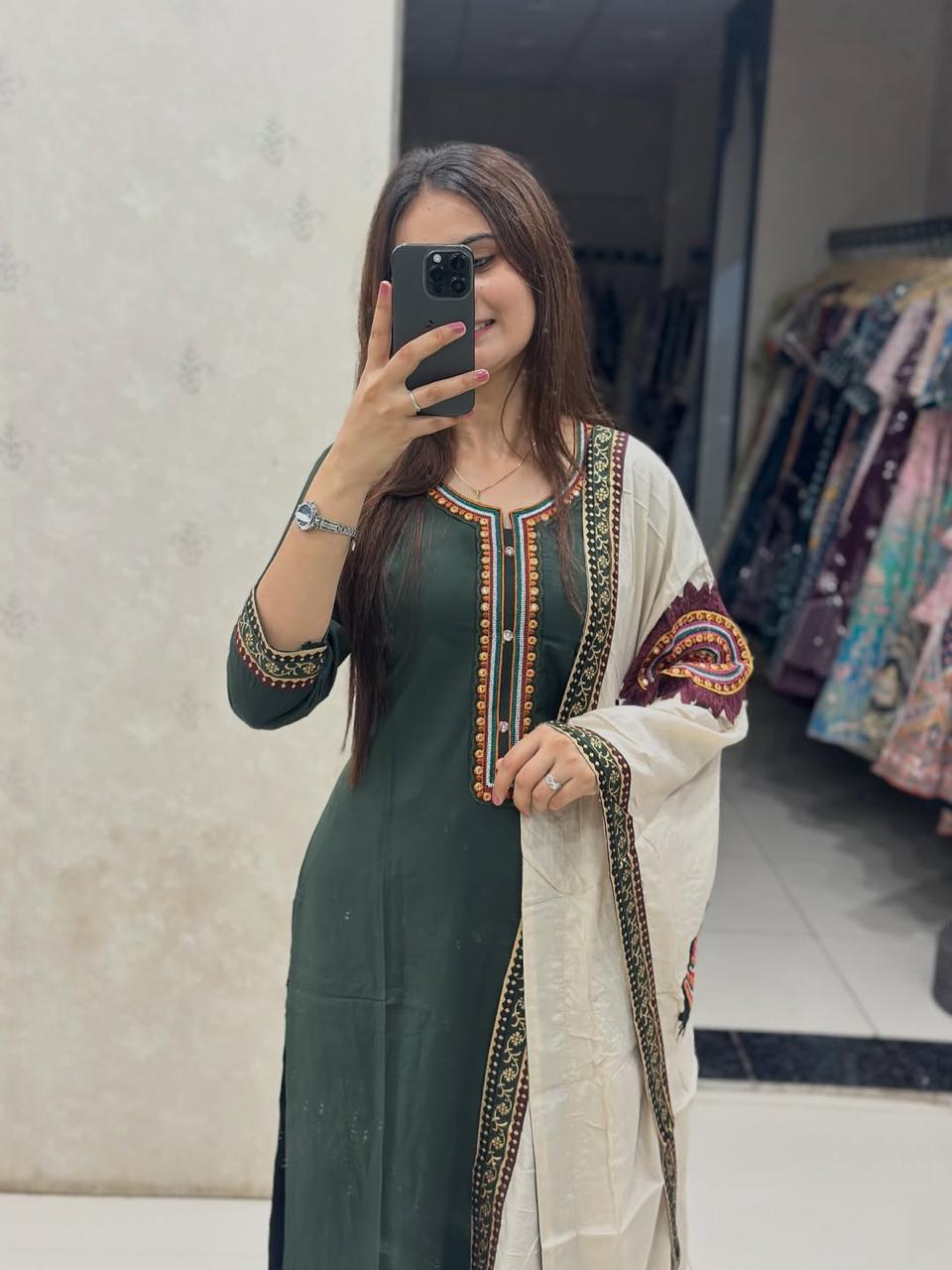 Heavy Cotton Embroidered Kurti Pant Set with Matching Dupatta