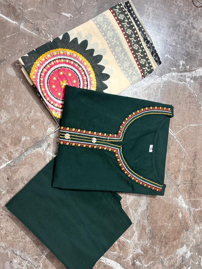 Heavy Cotton Embroidered Kurti Pant Set with Matching Dupatta
