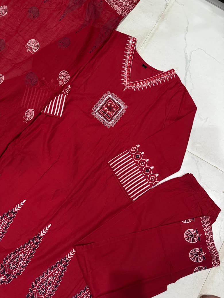 Pure Cotton Embroidered Kurti Set with Dupatta