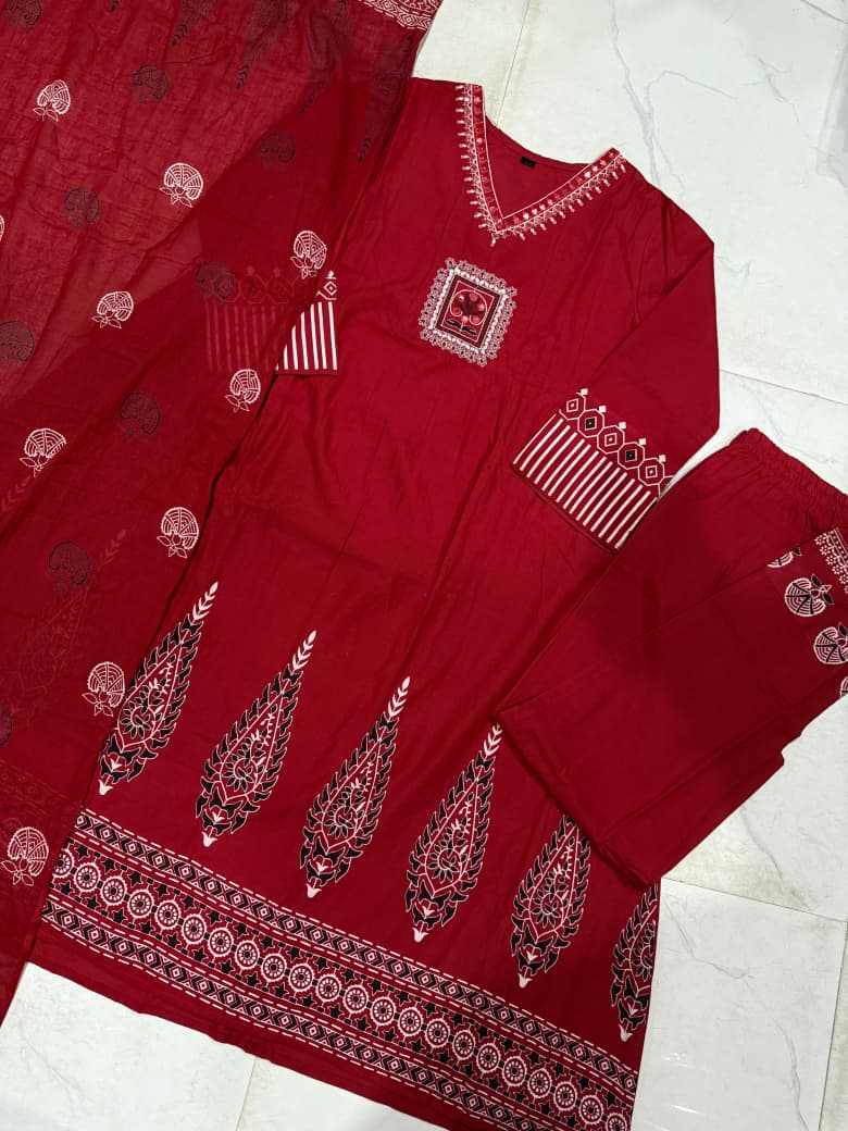 Pure Cotton Embroidered Kurti Set with Dupatta