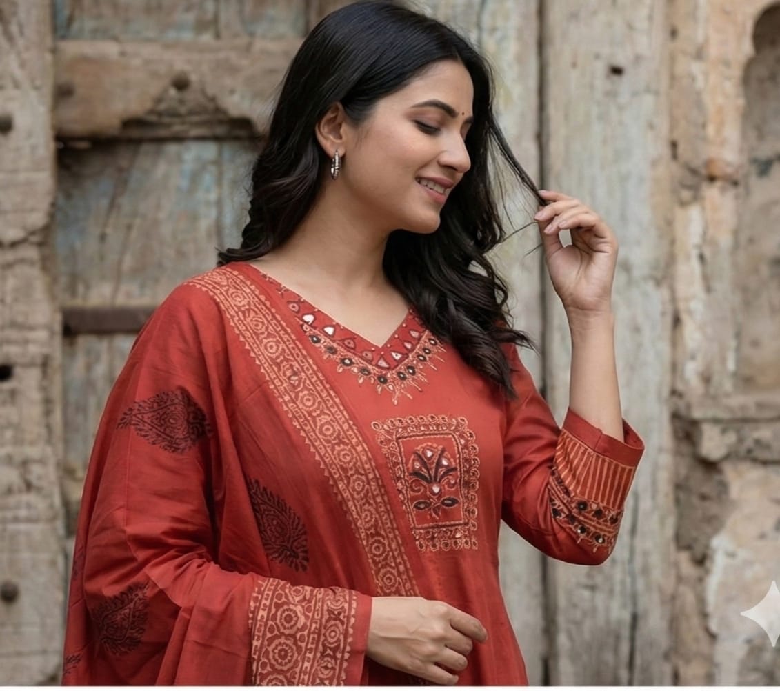 Pure Cotton Embroidered Kurti Set with Dupatta