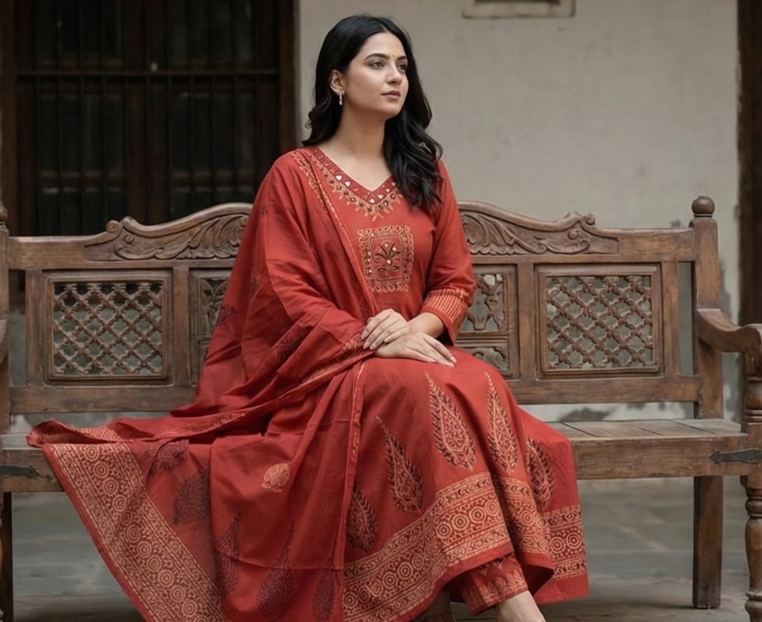 Pure Cotton Embroidered Kurti Set with Dupatta