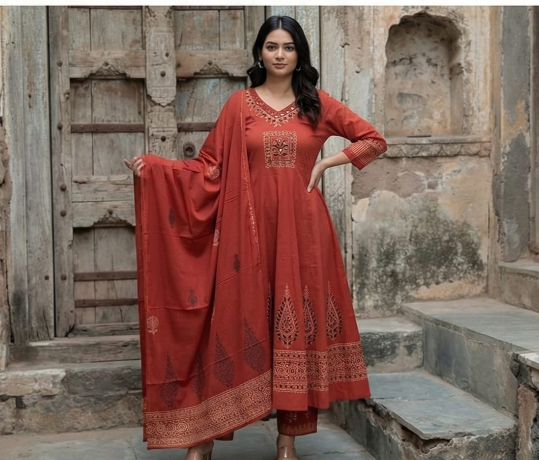 Pure Cotton Embroidered Kurti Set with Dupatta