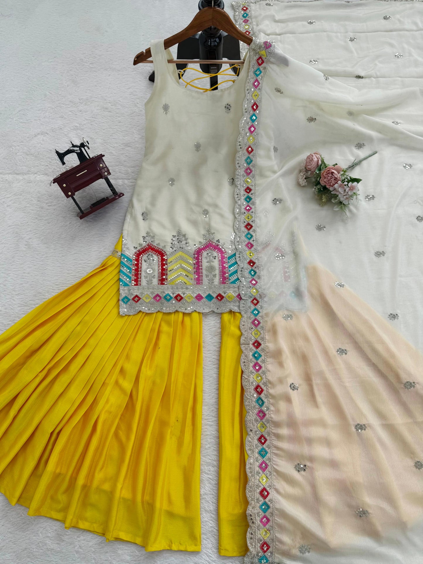 Designer Chinnon Silk Sharara Set with Thread & Sequence Work