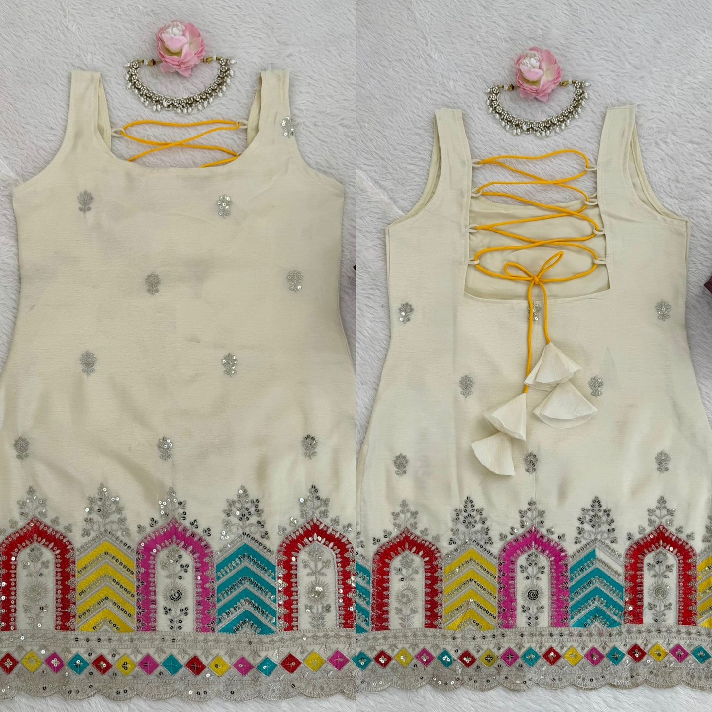 Designer Chinnon Silk Sharara Set with Thread & Sequence Work