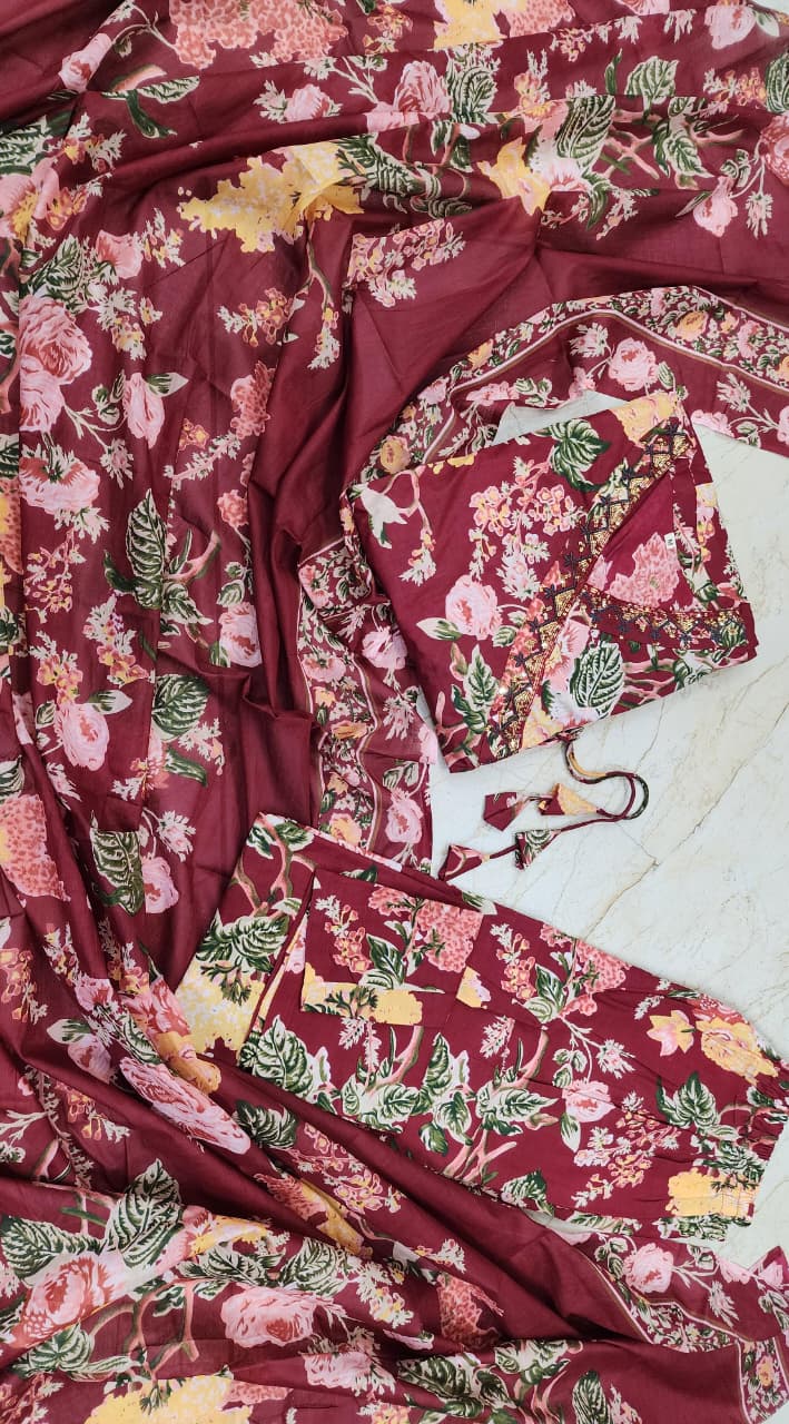 Maroon Cotton Calf Length Printed Angrakha Anarkali Kurta Suit Set