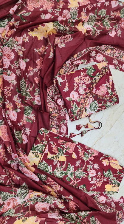 Maroon Cotton Calf Length Printed Angrakha Anarkali Kurta Suit Set