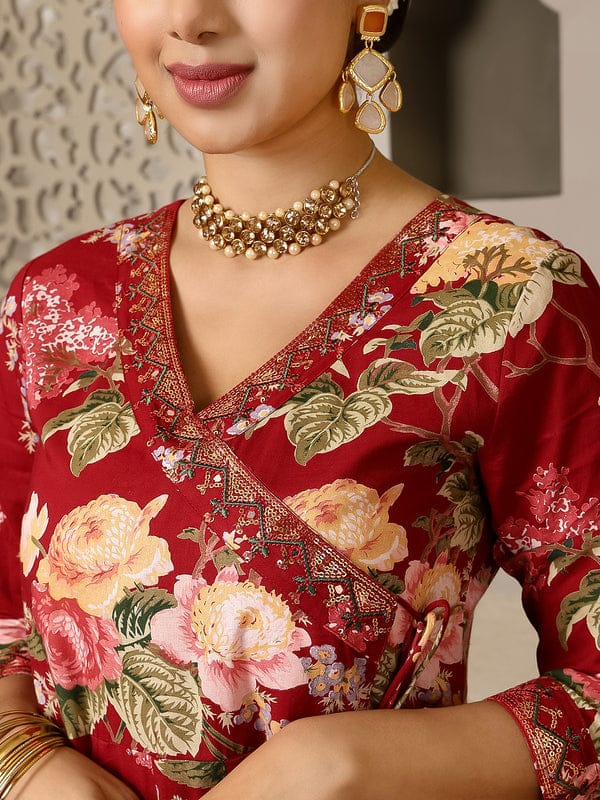 Maroon Cotton Calf Length Printed Angrakha Anarkali Kurta Suit Set
