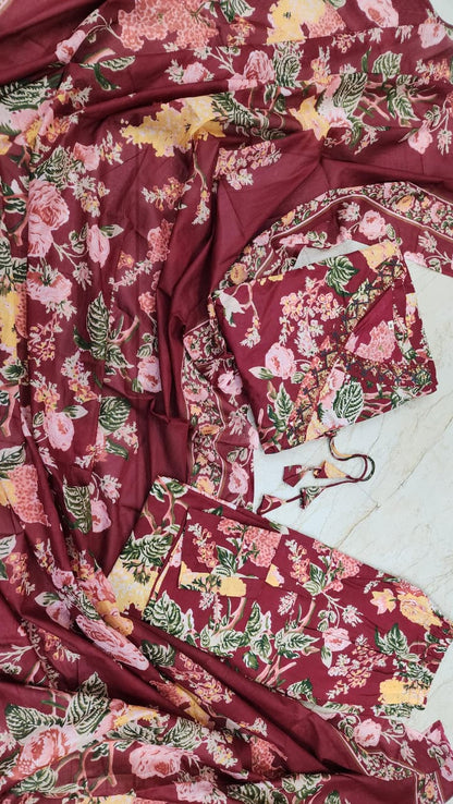 Maroon Cotton Calf Length Printed Angrakha Anarkali Kurta Suit Set
