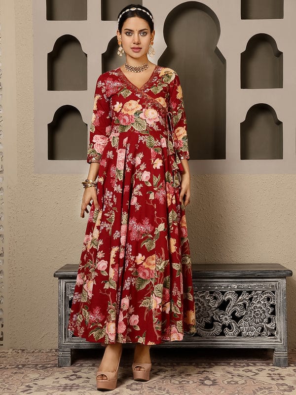 Maroon Cotton Calf Length Printed Angrakha Anarkali Kurta Suit Set