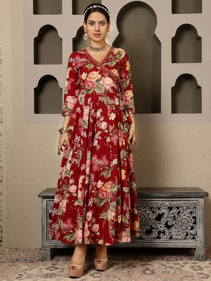 Maroon Cotton Calf Length Printed Angrakha Anarkali Kurta Suit Set