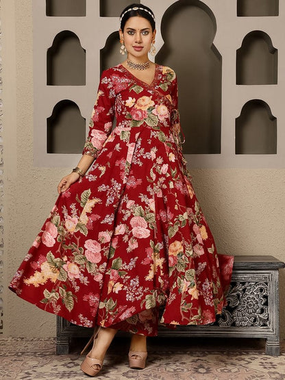 Maroon Cotton Calf Length Printed Angrakha Anarkali Kurta Suit Set