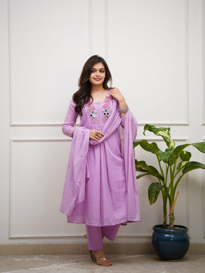 Abstract Summer Cotton A-Line Kurta Set with Embroidery & Mirror Work