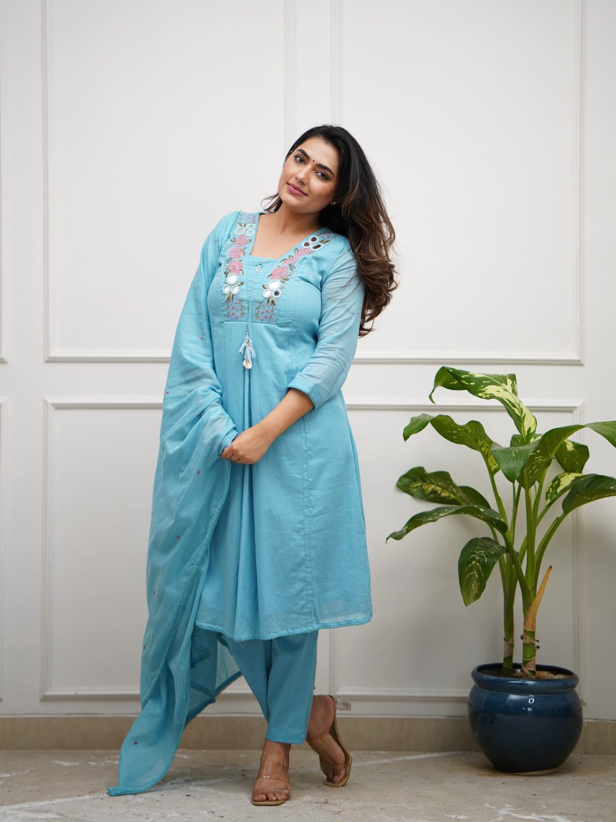 Abstract Summer Cotton A-Line Kurta Set with Embroidery & Mirror Work