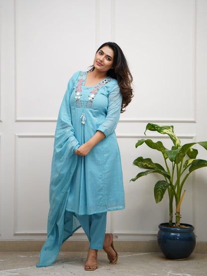 Abstract Summer Cotton A-Line Kurta Set with Embroidery & Mirror Work