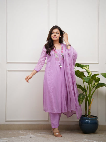 Abstract Summer Cotton A-Line Kurta Set with Embroidery & Mirror Work