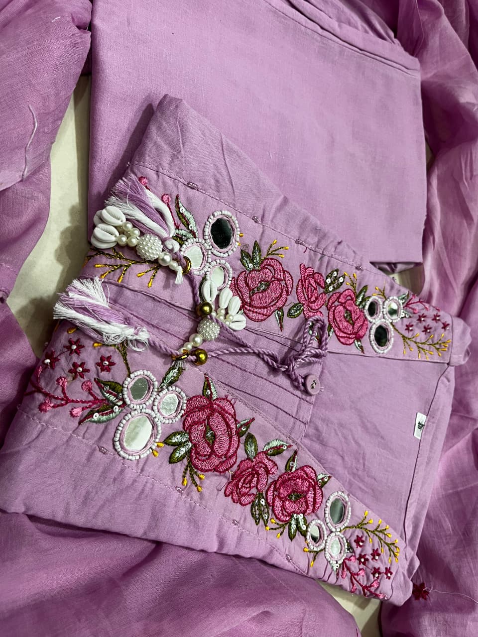 Abstract Summer Cotton A-Line Kurta Set with Embroidery & Mirror Work