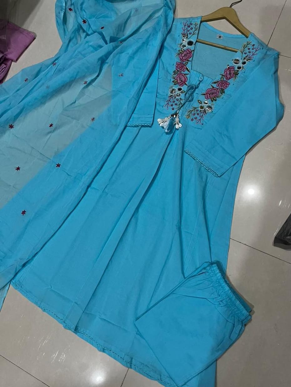 Abstract Summer Cotton A-Line Kurta Set with Embroidery & Mirror Work