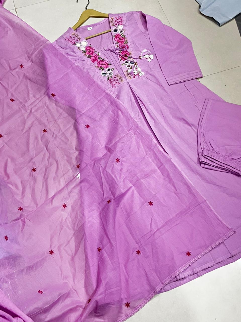 Abstract Summer Cotton A-Line Kurta Set with Embroidery & Mirror Work